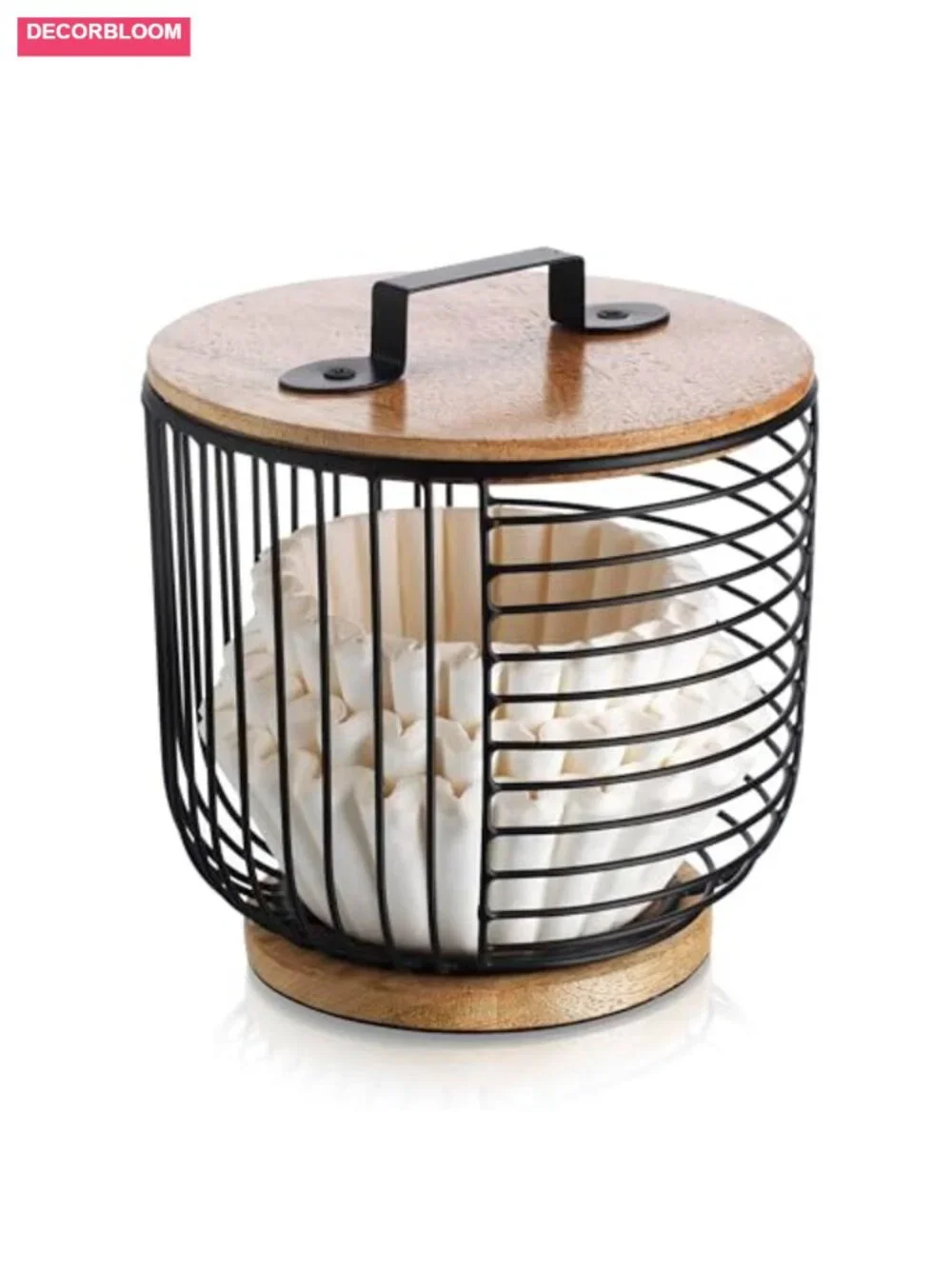 Coffee Filter Holder for Counter with Wooden Lid - Black Wire Basket - Kitchen